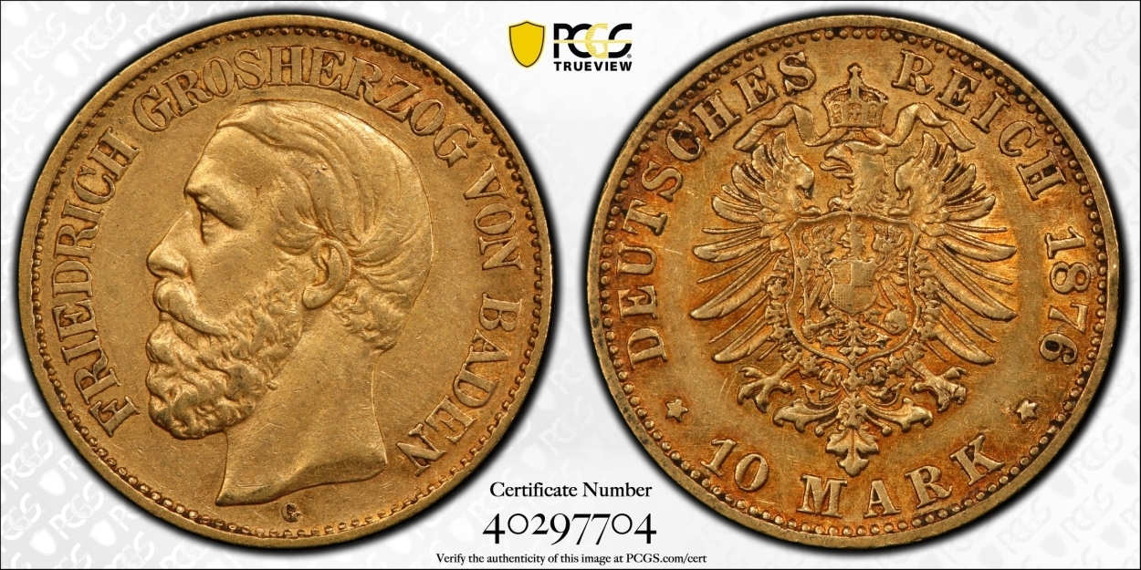 Baden 1876-G 10 Mark Gold, PCGS AU53